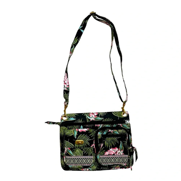 MaggiB Crossbody Purse Topical Green Cotton Quilted Travel Floral Leaves - Picture 1 of 10